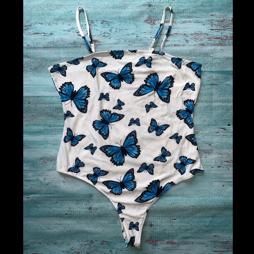 Juniors plus size Orange Kiss Butterfly spaghetti strap white bodysuit 1X
